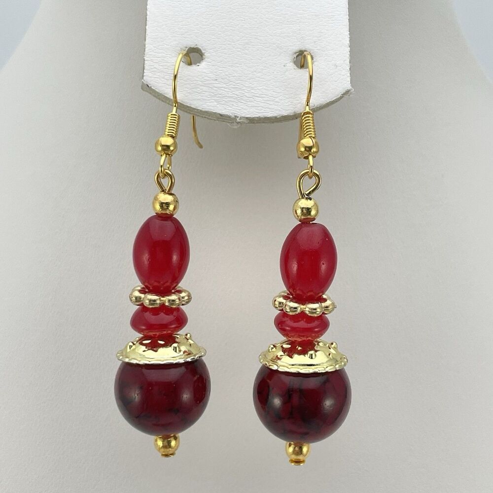 Artisan Red Glass Beaded Gold Tone Dangle Earrings Unique Boho Cute